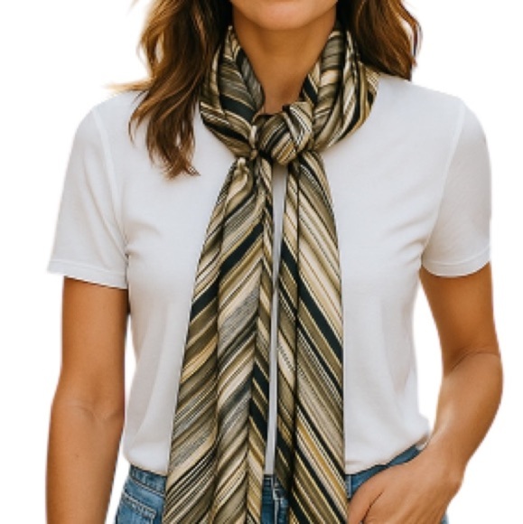 VINTAGE Chevron Pattern Print Satin Rectangular  Scarf Neutral Brown Semi Sheer - Picture 1 of 9